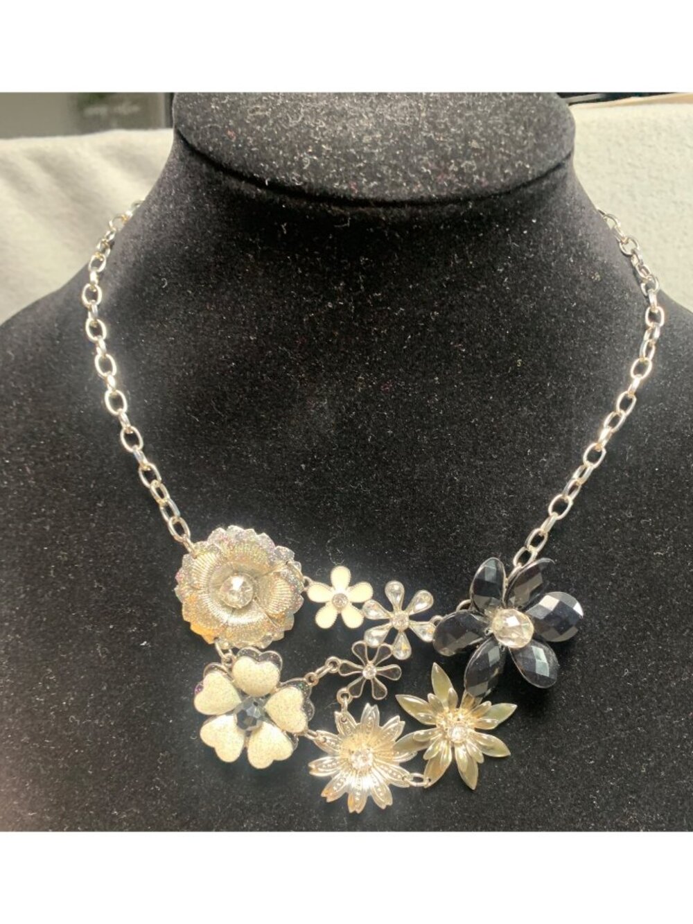 Floral Statement Necklace with Mixed Metal & Crystal Accents